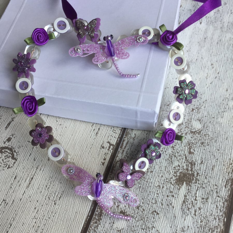 Mauve Dragonfly Wire  Button Hanging Heart