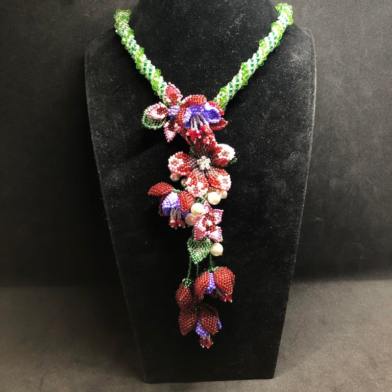 Fuchsia Cascade handmade seed bead necklace