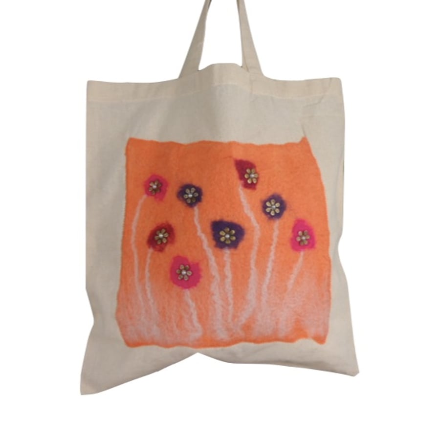 Cotton Tote Bag with hand felted orange panel and beaded flowers -SALE