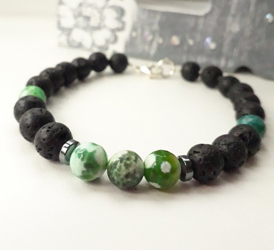 Green Fire Agate Bracelet with Black Lava Beads, unisex Gemstone Bracelet 8 inch