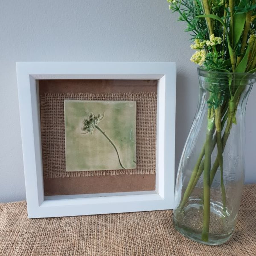 Framed Ceramic Botanical Tile – Glossy Green Dandelion