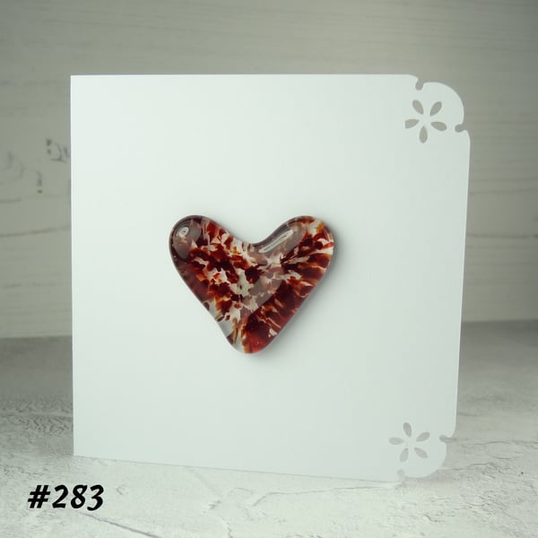 Handcrafted red speckled heart fused glass blank card (283)