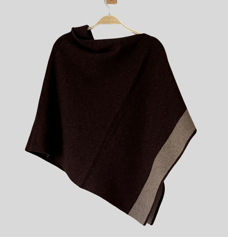Poncho merino lambswool hickory brown with light brown border wrap poncho 