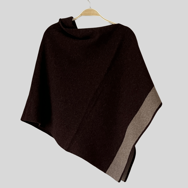 Poncho merino lambswool hickory brown with light brown border wrap poncho 