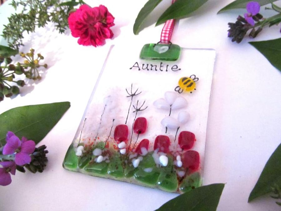Personalised Country Meadow Fused Glass Suncatcher (Red & Pink) - Made to Order