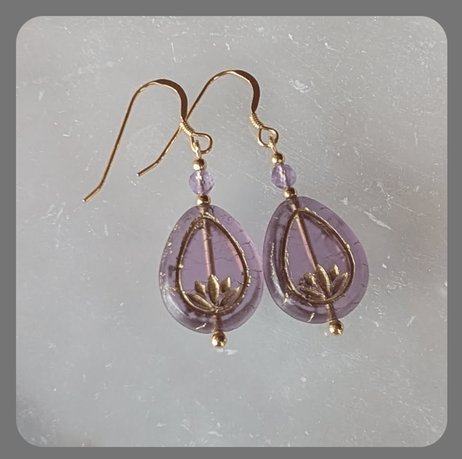 Purple Czech Glass Drop, Amethyst and Vermeil Earrings