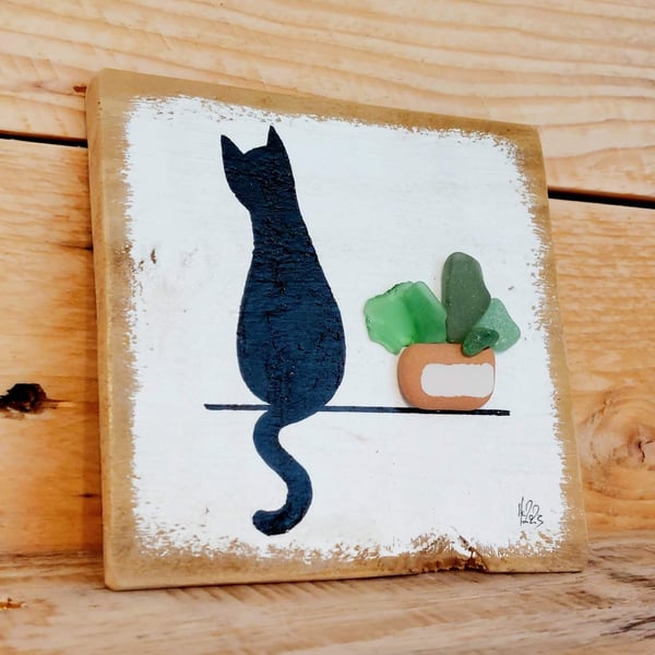 Wooden Cat Art - Painted Cat on a Ledge with Sea Glass Plant on Reclaimed Wood