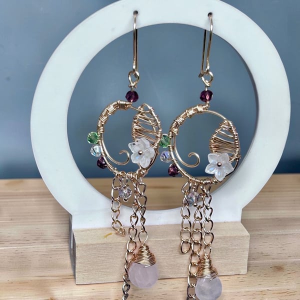 Statement Gold Plated Rose Quartz Botanical Dangles 