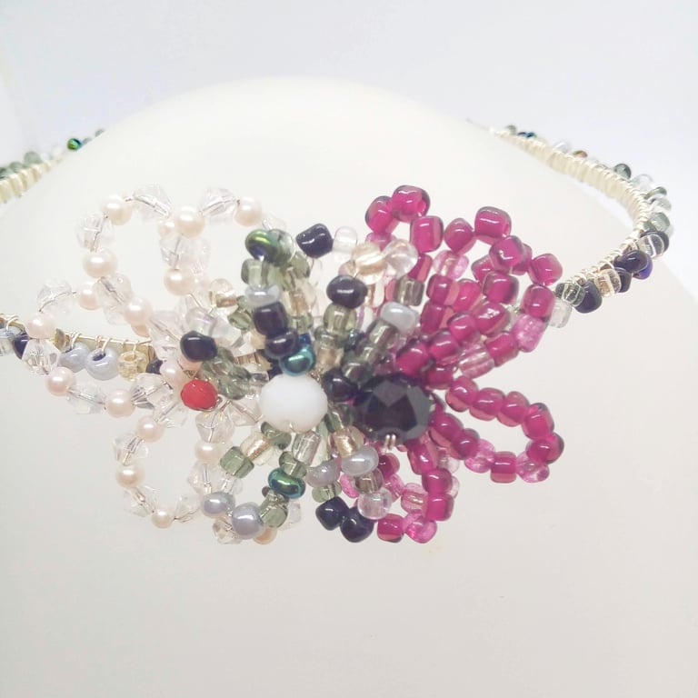 Purple Black and Cream Beaded Floral Tiara, Prom Headband, Flower Tiara