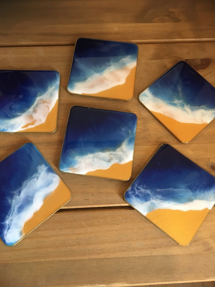 Ocean coasters, heat and scratch resistant resin , set of 6