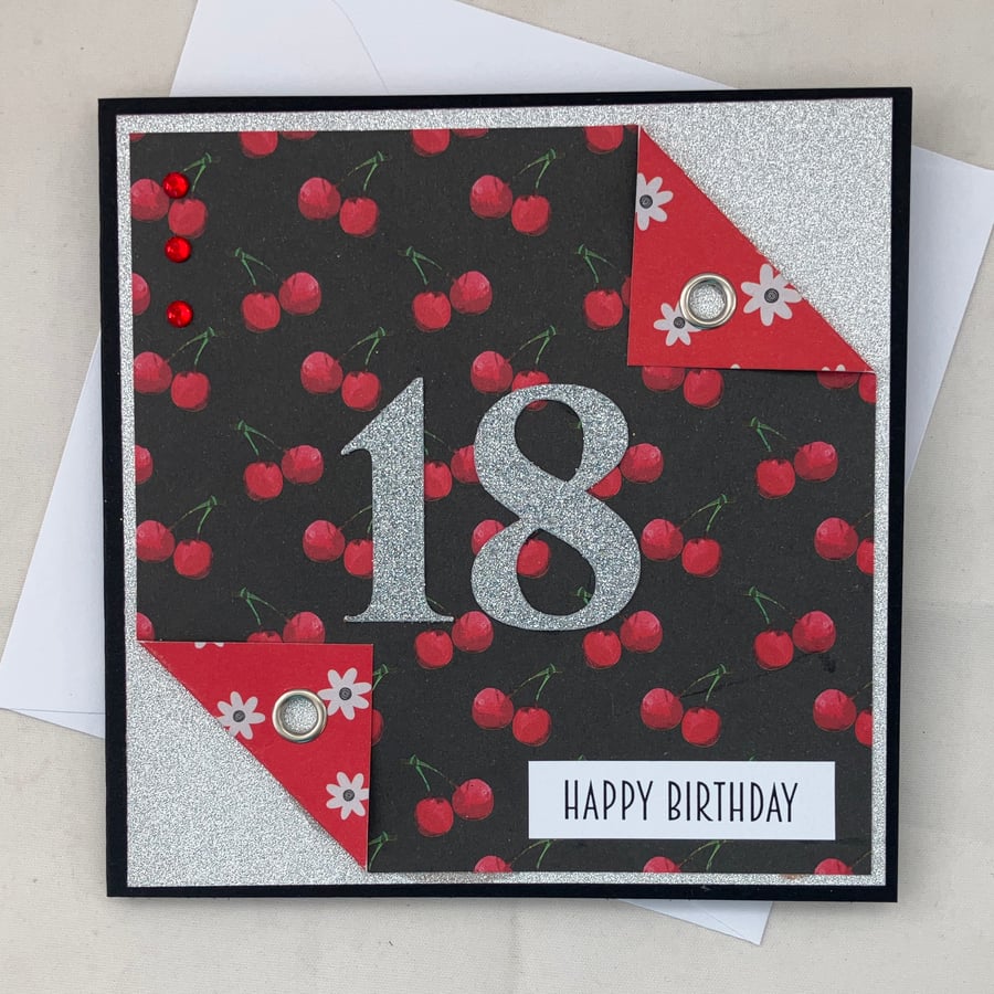 Square red cherry 18th Birthday card