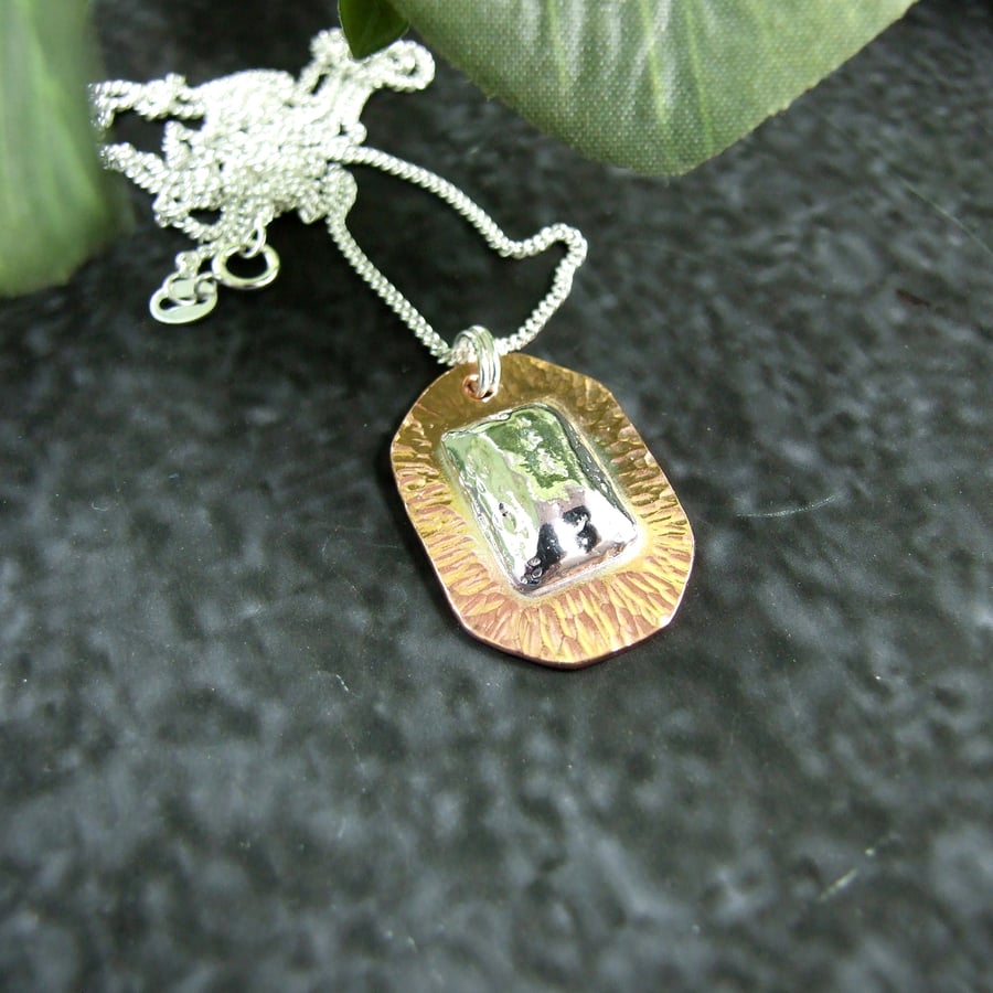 Silver and Copper Pendant. Recycled Silver Lozenge on Copper with Long Chain