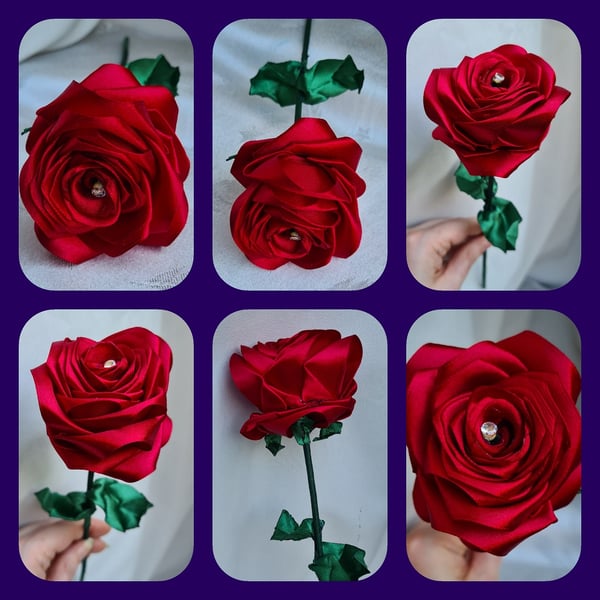 Gorgeous Handmade Burgundy Red Ribbon Rose - Long Stem Artificial Flower Gift.