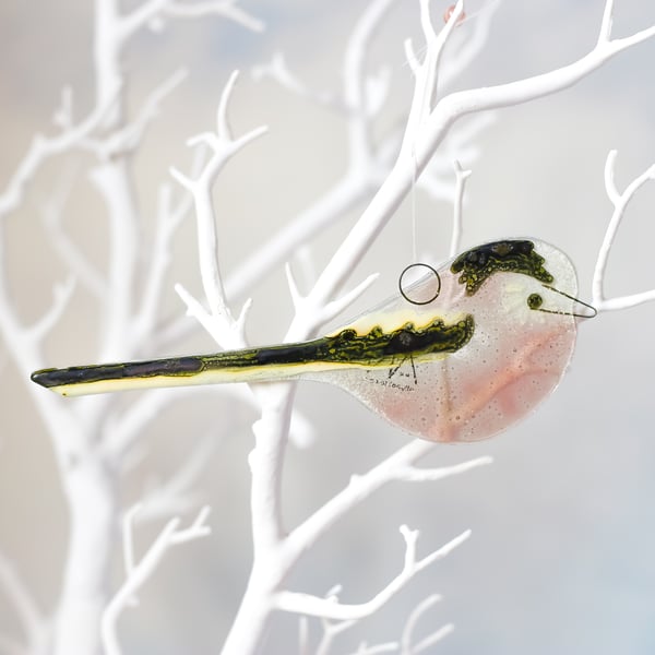 Long Tailed Tit No1 - Garden Bird - Fused Glass Hanging - Sun Catcher 