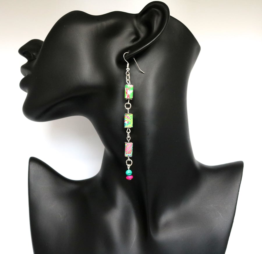 Long thin earrings with 3 vibrantly coloured paper beads