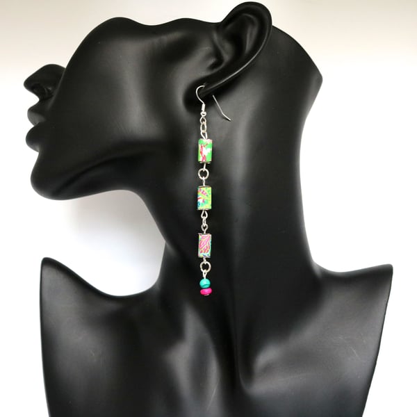 Long thin earrings with 3 vibrantly coloured paper beads