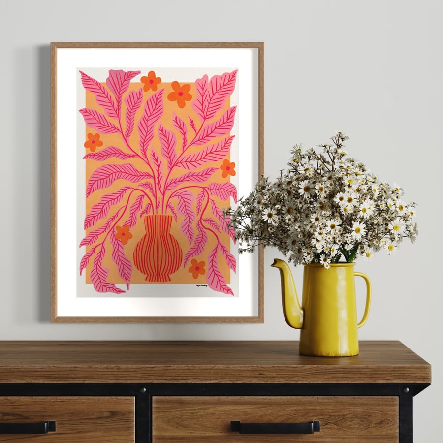 Overflowing vase Still Life Illustration Art Print - Pink and Orange