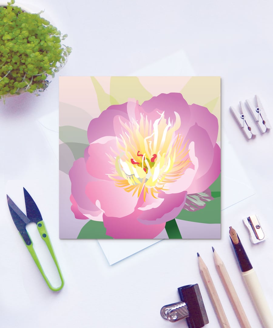 Pink Peony Card - Summer, floral, blank card
