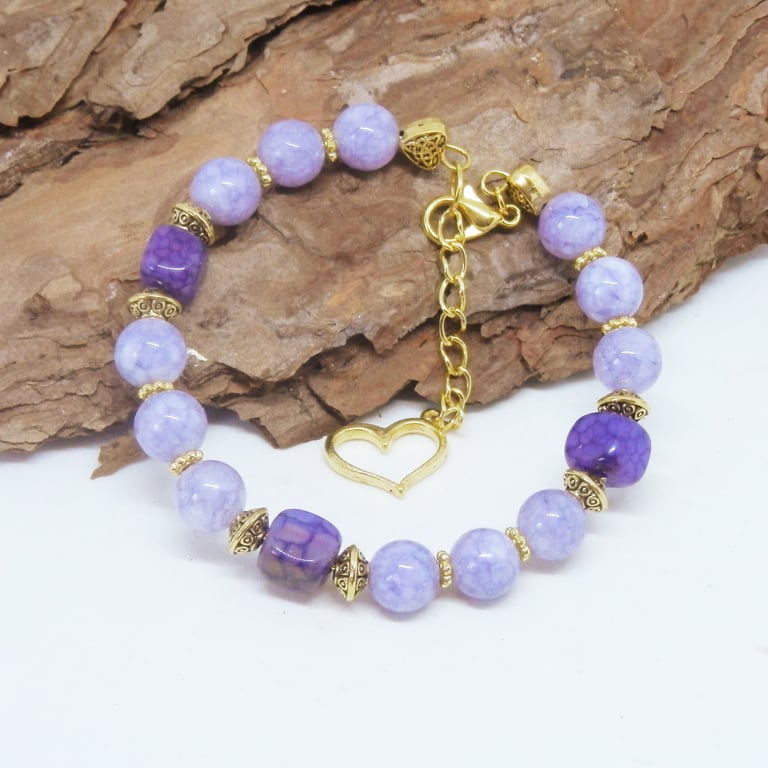 Celtic Themed Purple Agate Memory Wire Beaded Bracelet