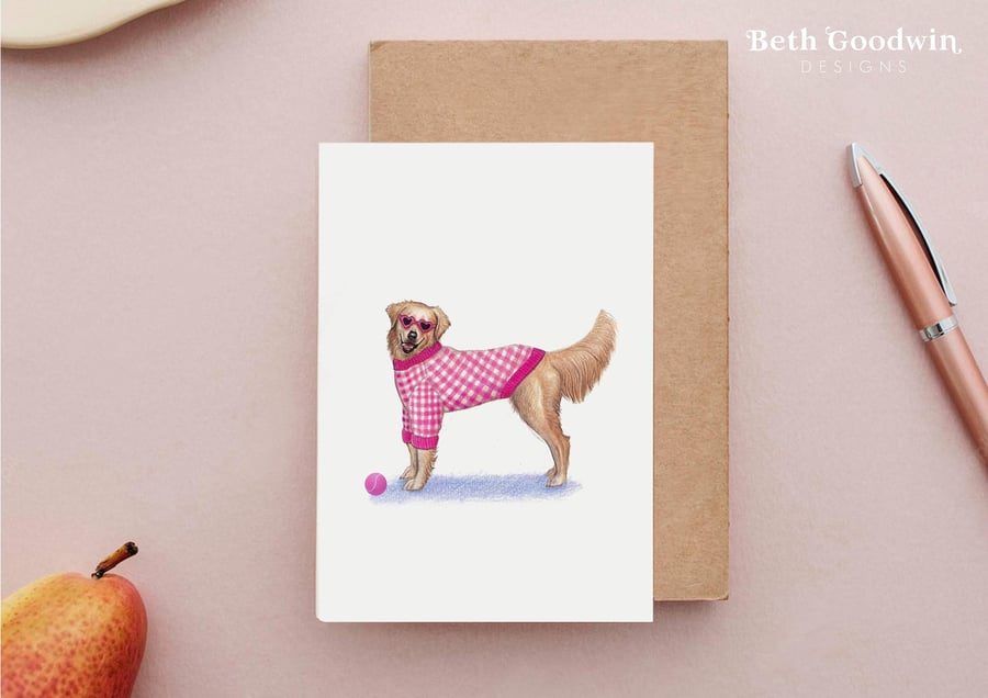 Happy Golden Retriever in Pink Sweater Greetings card - Birthday Dog Card
