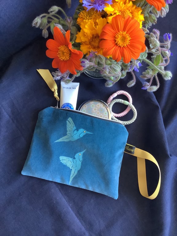 Teal Hummingbirds velvet zip-up pouch
