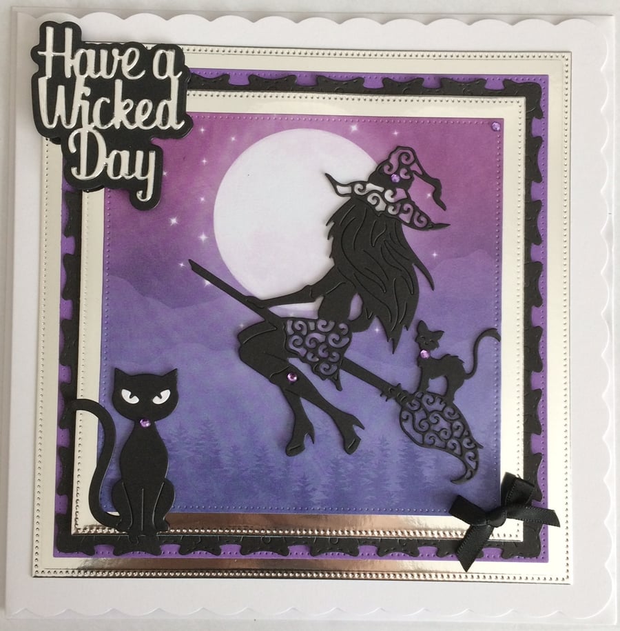 Pagan Halloween Card Have a Wicked Day Sexy Witch Cats 3D Luxury Purple 6