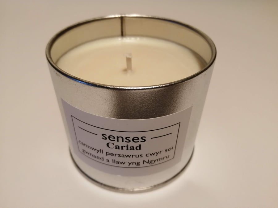Cariad essential oil scented soy wax candle tin handmade in mid Wales