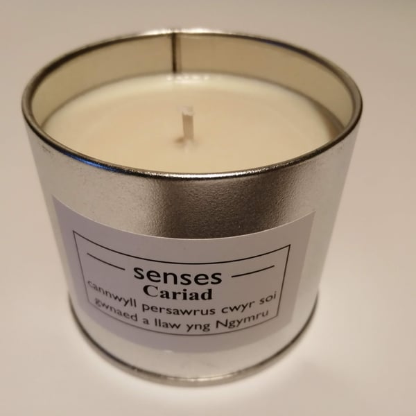 Cariad essential oil scented soy wax candle tin handmade in mid Wales