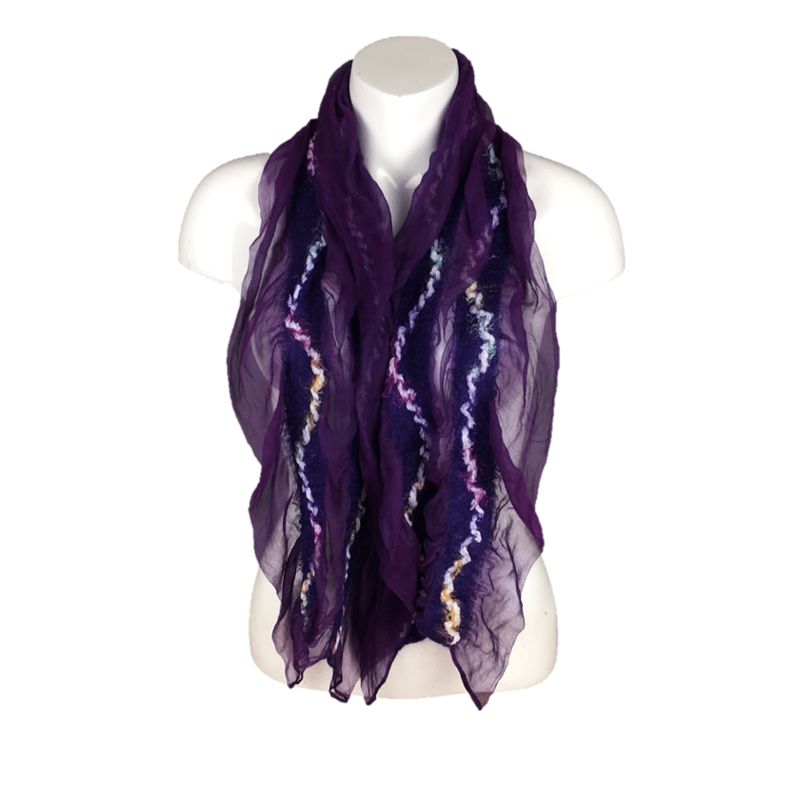 Purple silk chiffon scarf with nuno felted panels in merino wool