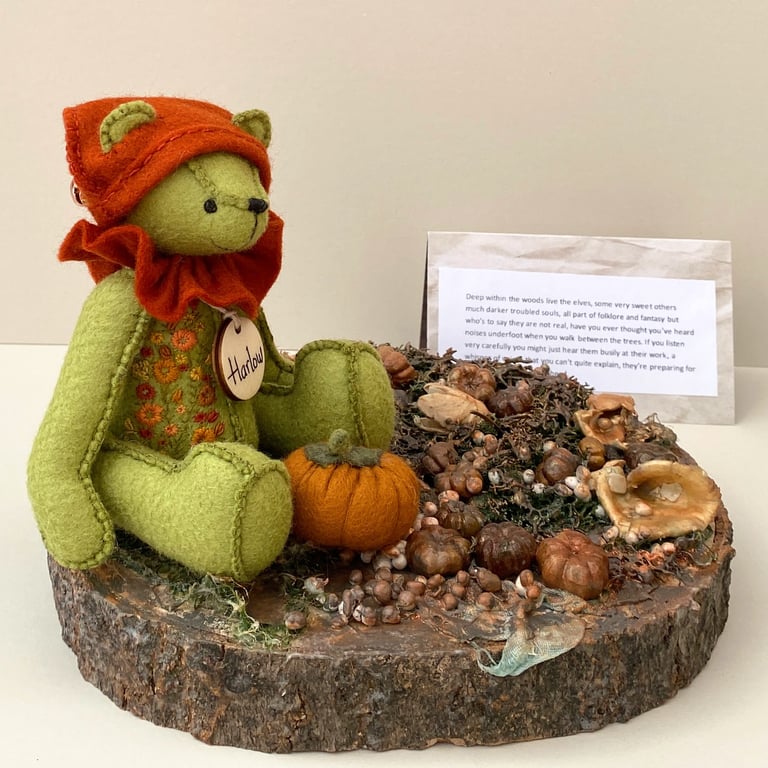 Artist bear on mixed media display, Autumnal themed collectable teddy bear 