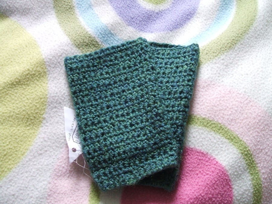 Green crocheted wrist warmers - adult size