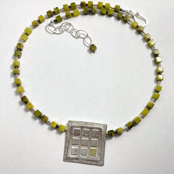 Sterling silver 18ct gold and olive Jasper geometric necklace