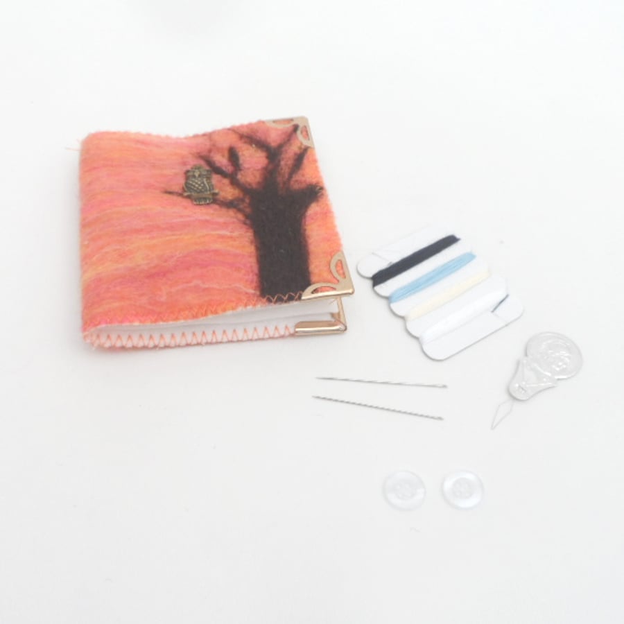 Felted needle book with owl decoration, complete with accessories