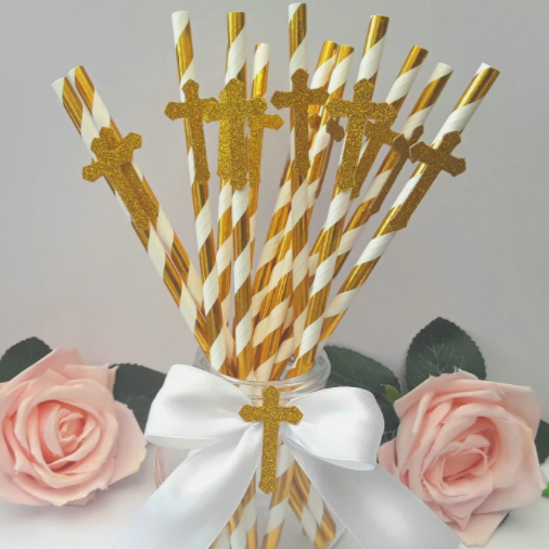 Christening Straws,Gold Holy Communion Straws,Gold Straws,Gold Cross Straws