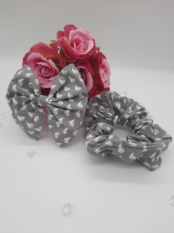 Grey and white sail boats bow and scrunchie set.  