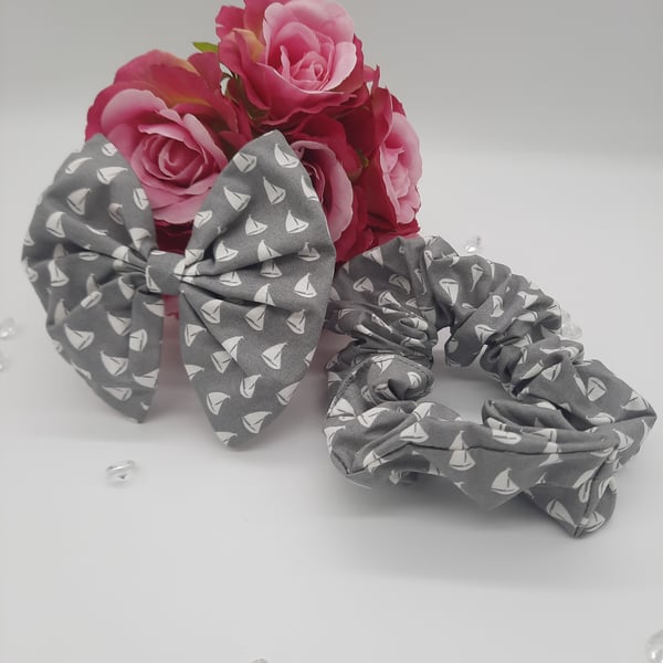 Grey and white sail boats bow and scrunchie set.  