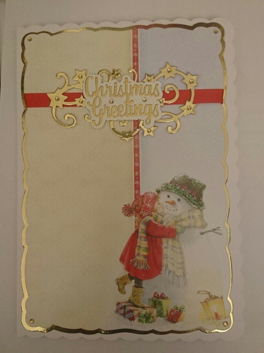Christmas Greetings Card Snowman Kisses and Hugs Girl 3D Luxury Handmade