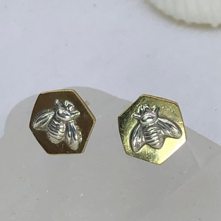 Sterling silver and brass Bee stud earrings