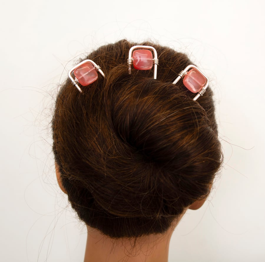 Pink Agates Hair pins,Bun Pins,Hair slides, Hair pin,3 piece of hair fork