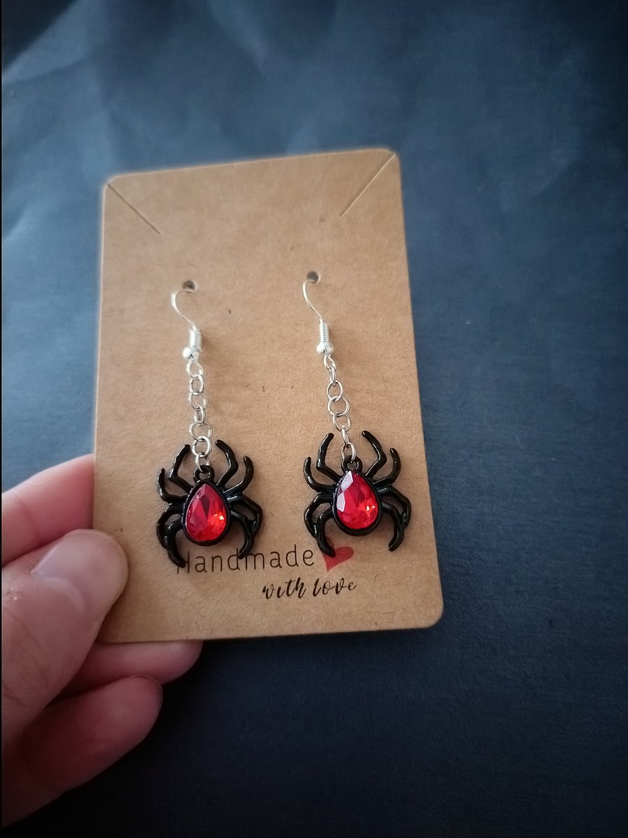 Black and red jewel spider charm dangle earrings 