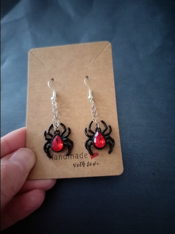 Black and red jewel spider charm dangle earrings 