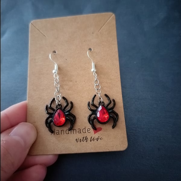 Black and red jewel spider charm dangle earrings 