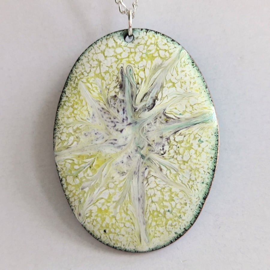 pale purple scrolled over pale yellow on white enamel - pendant