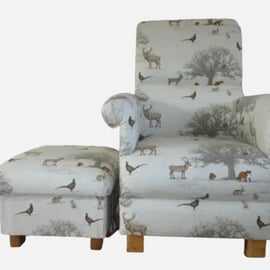 Woodland Animals Chair & Footstool Adult Armchair Beige Fryetts Tatton Fabric 