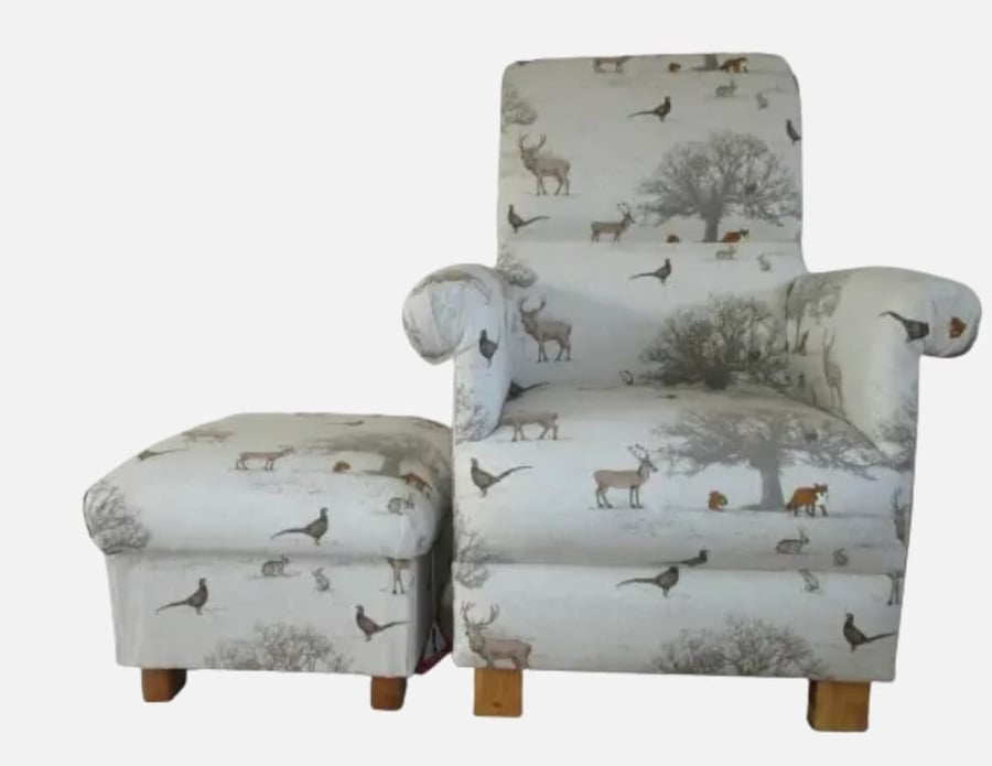Woodland Animals Chair & Footstool Adult Armchair Beige Fryetts Tatton Fabric 