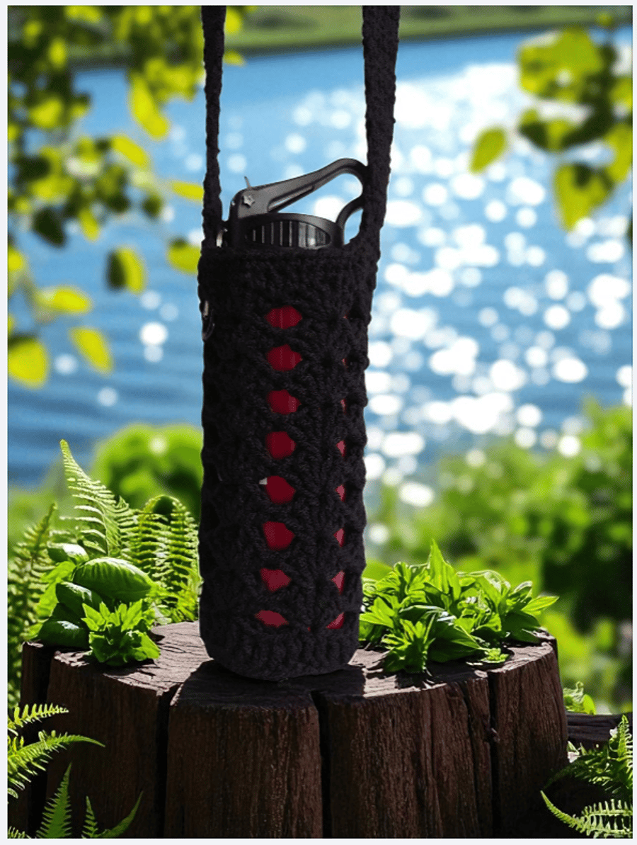 Hand Crochet Water Bottle Holder Crossbody Water Bottle Carrier - Black