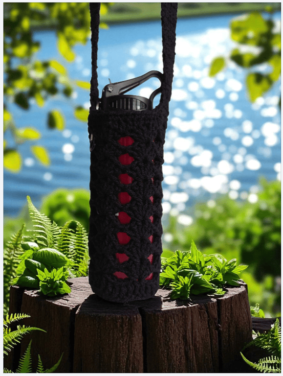 Hand Crochet Water Bottle Holder Crossbody Water Bottle Carrier - Black