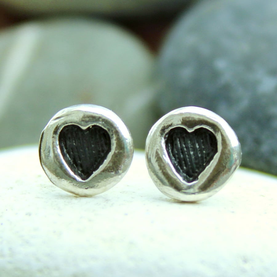 Heart ear studs, small ear studs, love, hearts, handmade, sterling silver, cute
