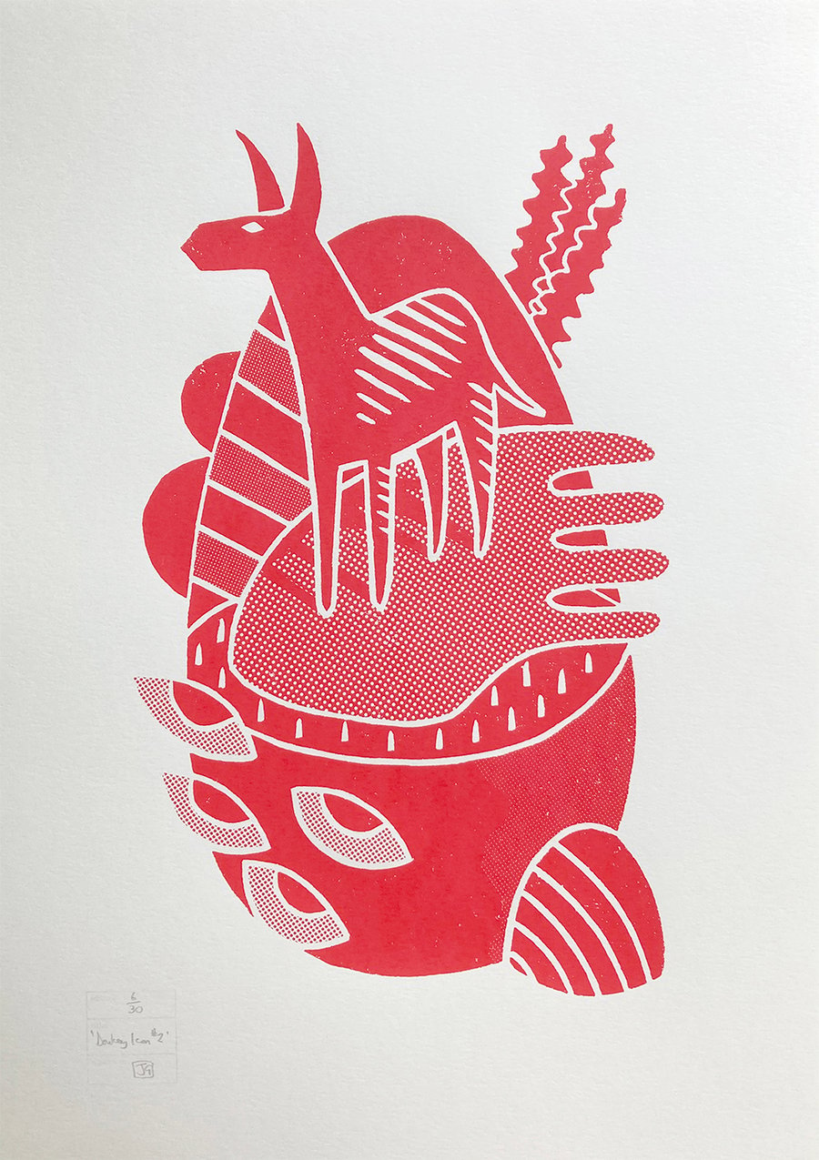 Donkey Icon No.2 A2 linocut screen-print (red ink on cream paper)