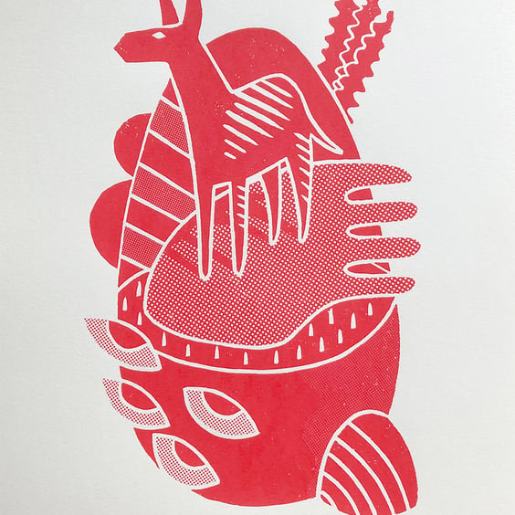 Donkey Icon No.2 A2 linocut screen-print (red ink on cream paper)
